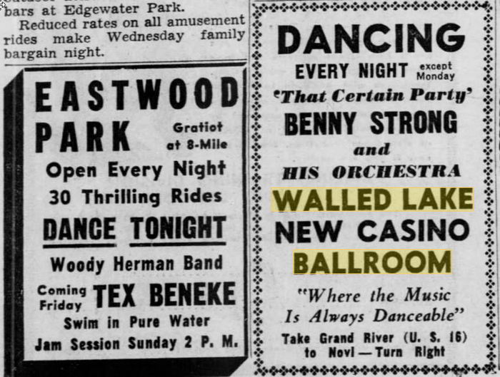 Walled Lake Dance Pavillions - 15 Jun 1949 Ads (newer photo)